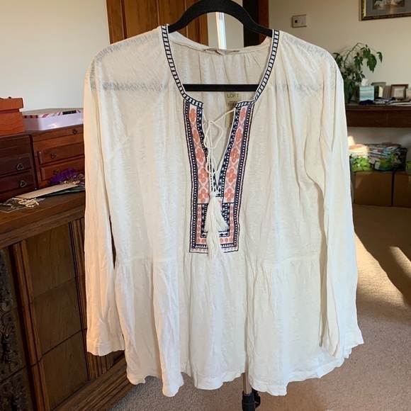 LOFT NWT Off White Embroidered Peasants Blouse Size Large Petite - Picture 1 of 5
